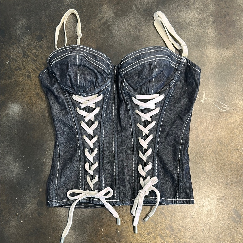 Dolce and Gabbana Denim Corset Top with White Laces